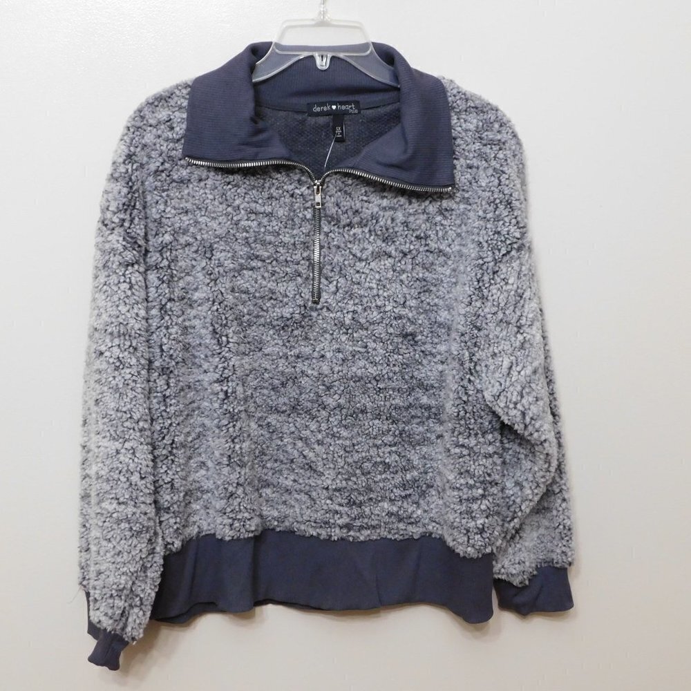 JR371 Derek Heart Trendy Gray Plus Size Zip-Neck Faux-Sherpa Sweater Size 1X